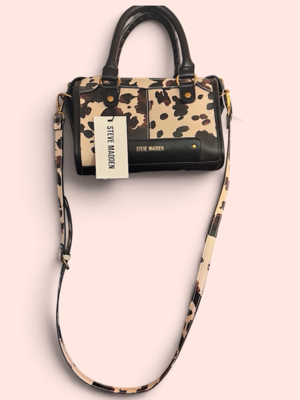 Steve Madden Cow Print Satchel in Beige, Black & Brown - Picture 2 of 5